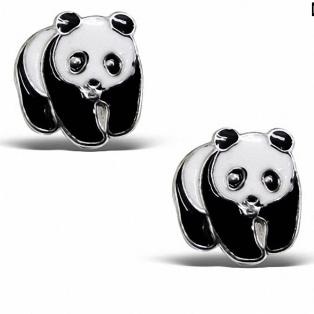 NWT Banter Child's Black and White Enamel Panda Stud Earrings in Sterling Silver